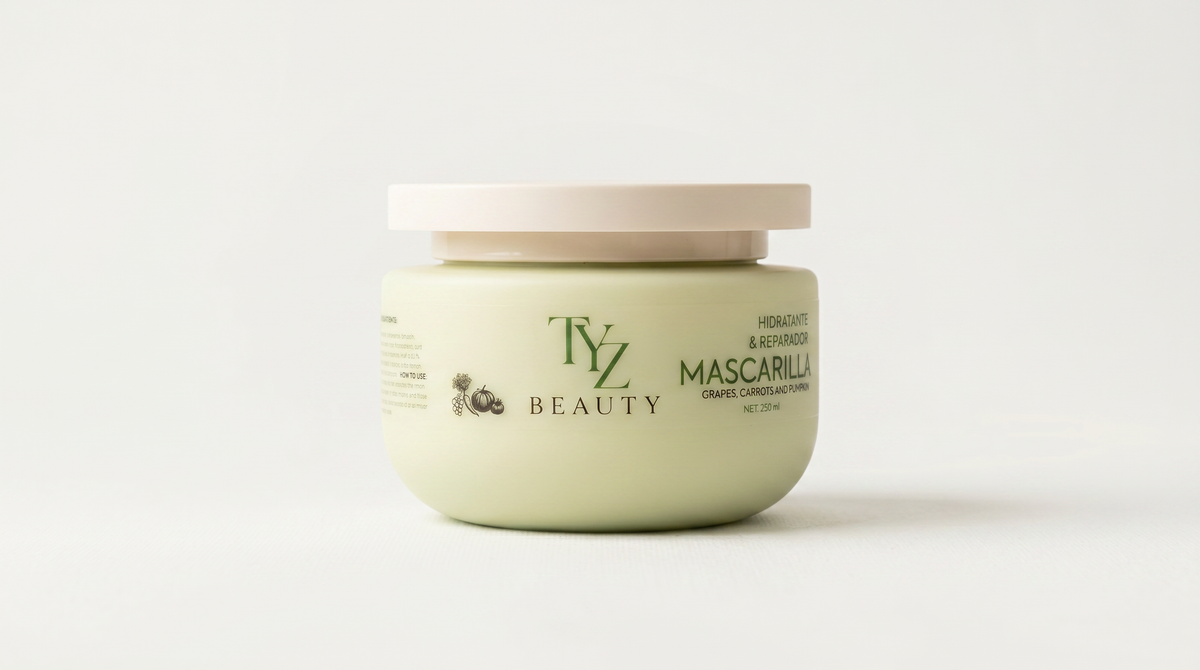 A jar of TYZ Beauty Hydrated & Repairing Mascarilla hair mask, featuring a pale sage green container and a light beige lid, set against a clean white background.