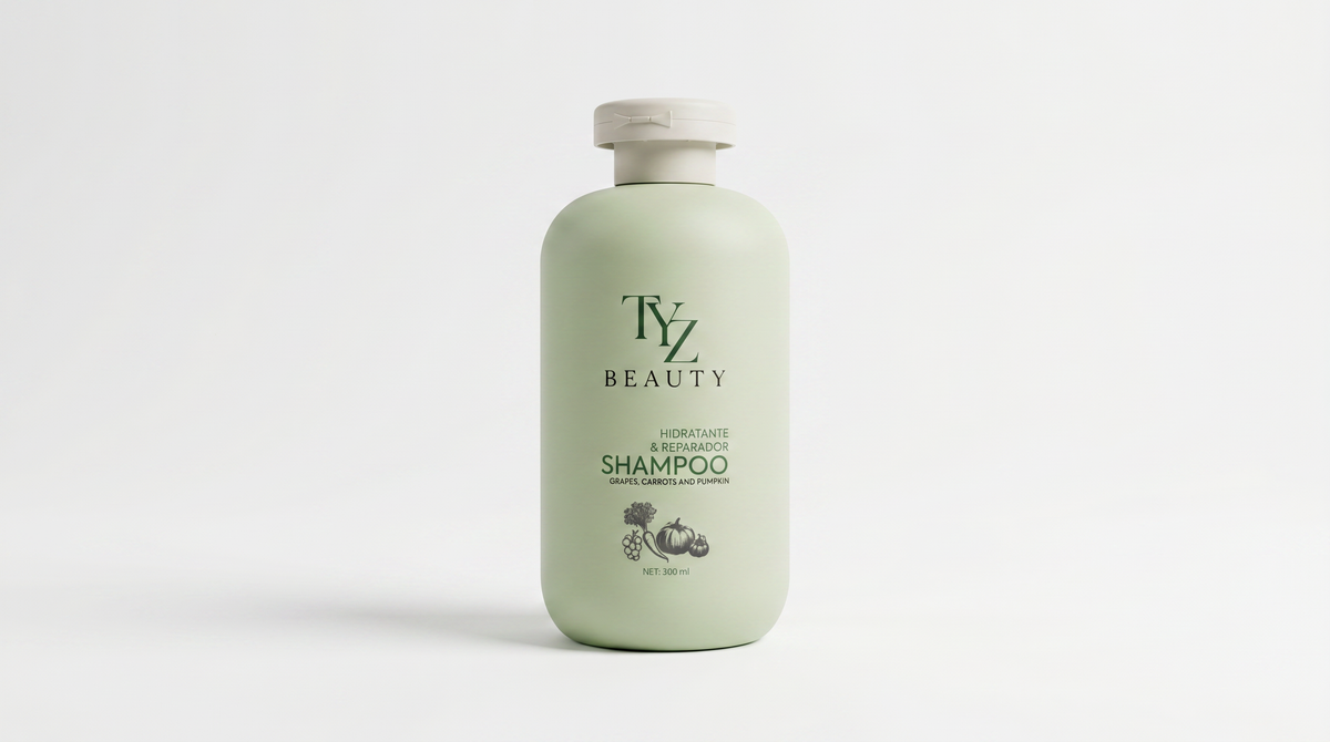 A light sage green bottle of TYZ Beauty Hidratante & Reparativo Shampoo, featuring a white cap, set against a clean white background.